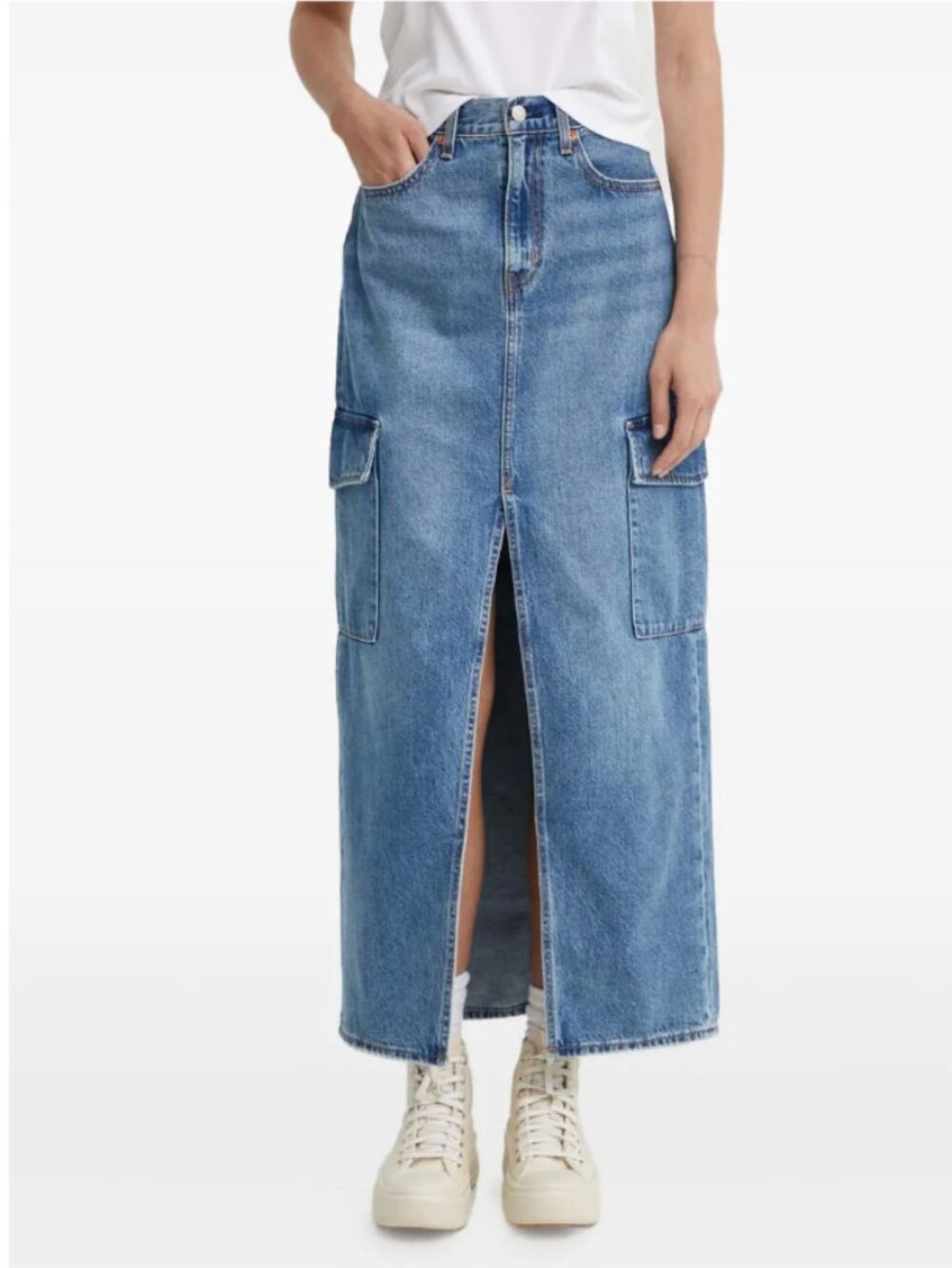Levi's Premium Ankle Column Denim Cargo‎ Skirt, Size 26 Medium Wash Blue